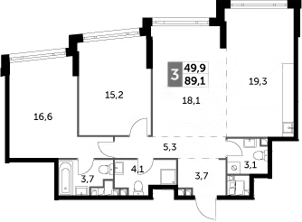 Планировка трёхкомнатная 89.1 м² в ЖК «Роттердам», корпус 2.3