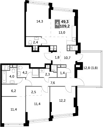 Планировка евро-4 (4Е) 109.2 м² в ЖК «Роттердам», корпус 2.2