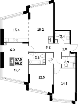 Планировка четырёхкомнатная 99 м² в ЖК «Роттердам», корпус 2.3