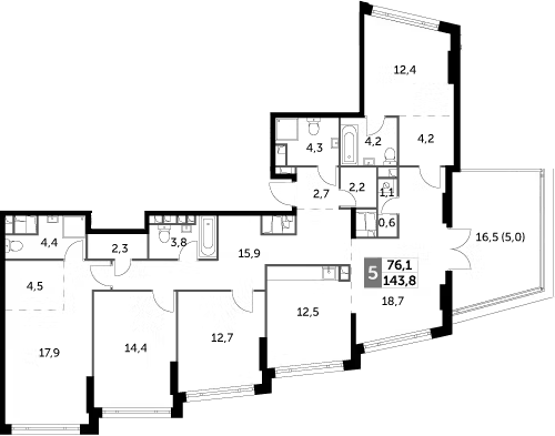 Планировка пятикомнатная 143.8 м² в ЖК «Роттердам», корпус 2.1