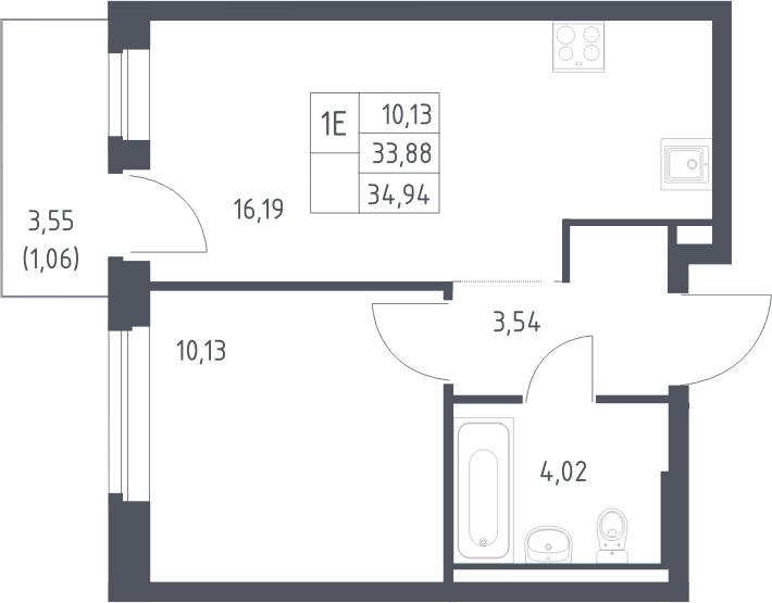 Планировка евродвушка (2Е) 34.94 м² в ЖК «Рублевский квартал», корпус 2.2