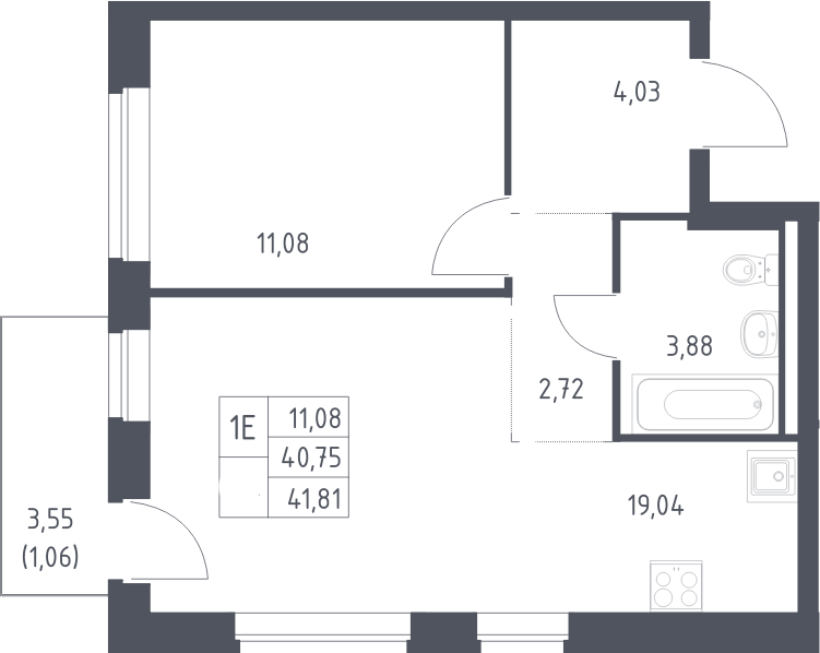 Планировка евродвушка (2Е) 41.81 м² в ЖК «Рублевский квартал», корпус 2.2