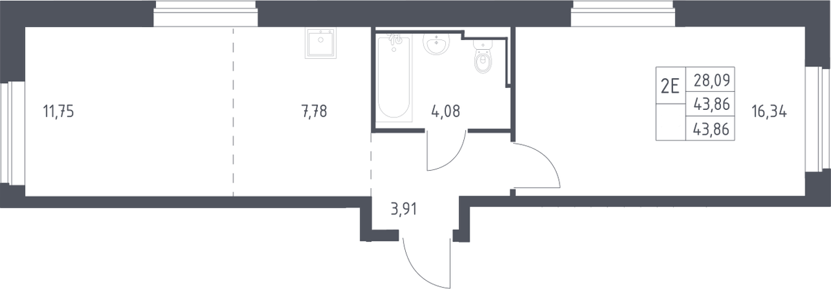 Планировка евродвушка (2Е) 43.86 м² в ЖК «Рублевский квартал», корпус 60