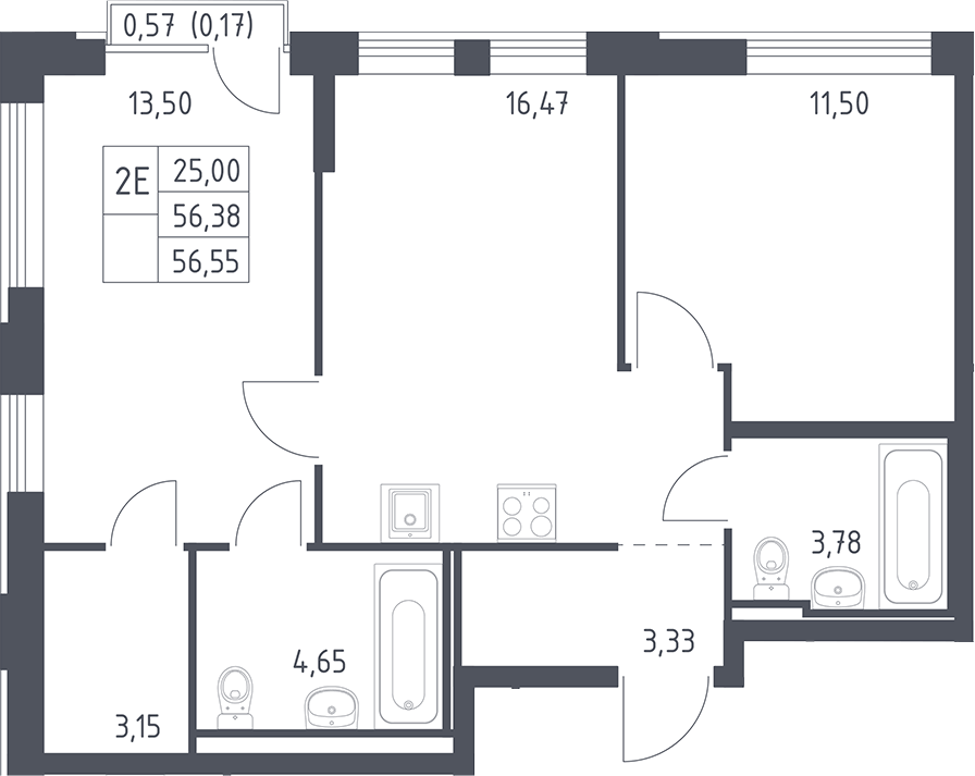 Планировка евротрёшка (3Е) 56.55 м² в ЖК «Рублевский квартал», корпус 1.1