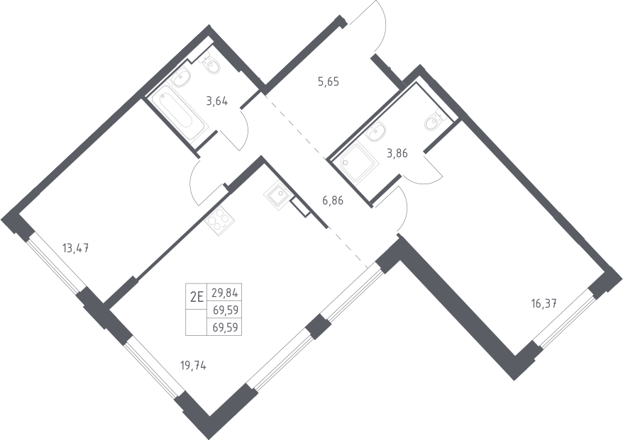Планировка евротрёшка (3Е) 69.59 м² в ЖК «Рублевский квартал», корпус 2.1