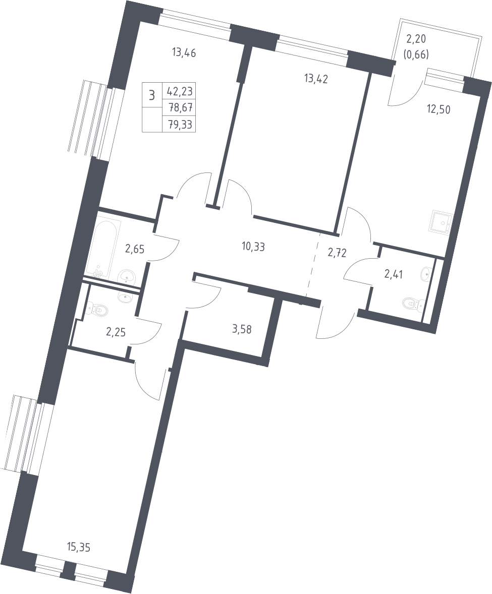 Планировка трёхкомнатная 77.9 м² в ЖК «Рублевский квартал», корпус 60