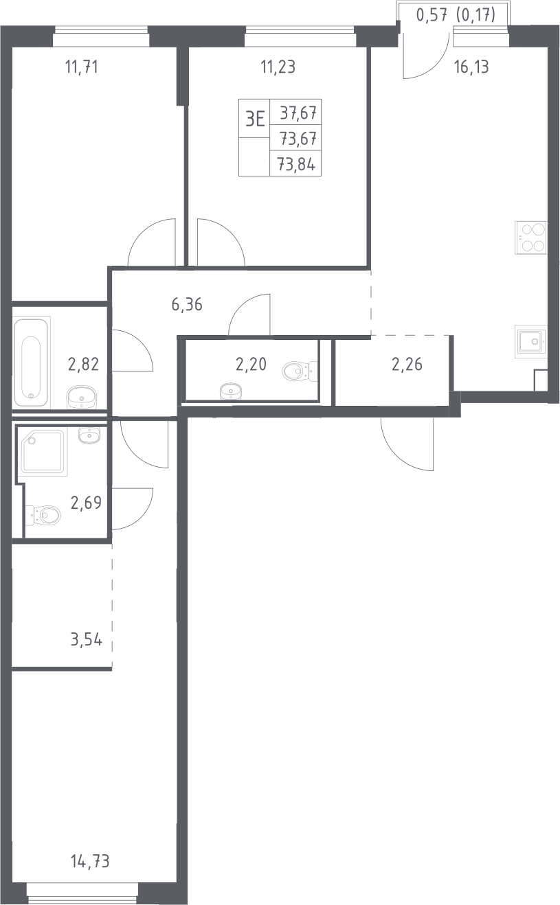Планировка евро-4 (4Е) 73.84 м² в ЖК «Рублевский квартал», корпус 2.1