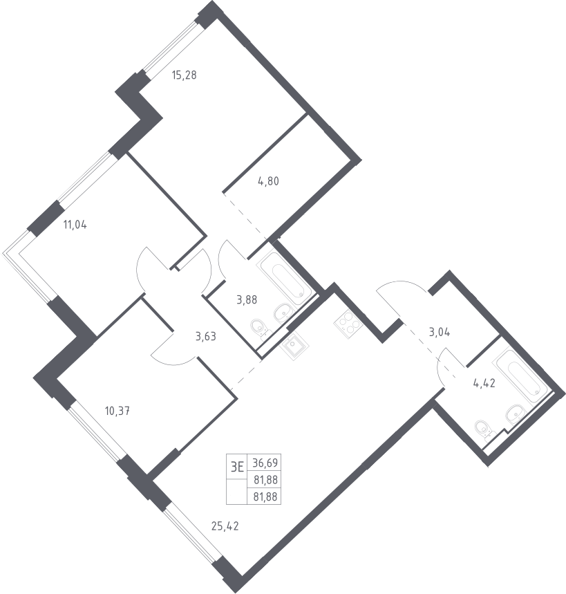 Планировка евро-4 (4Е) 81.88 м² в ЖК «Рублевский квартал», корпус 2.1