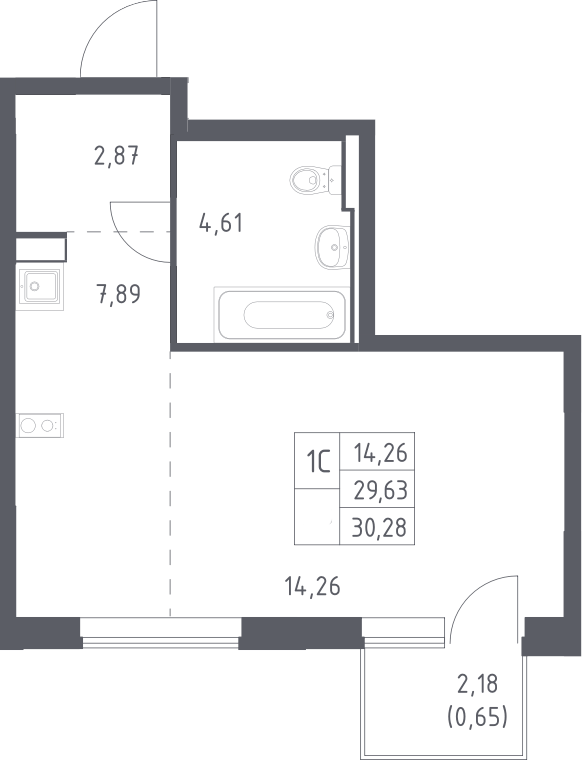 Планировка Студии 30.28 м² в ЖК «Рублевский квартал», корпус 2.1