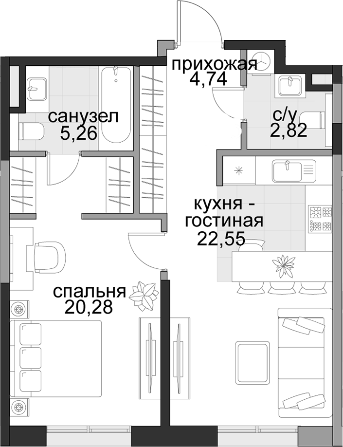 Планировка евродвушка (2Е) 55.65 м² в ЖК «Садовническая, 69», корпус 2