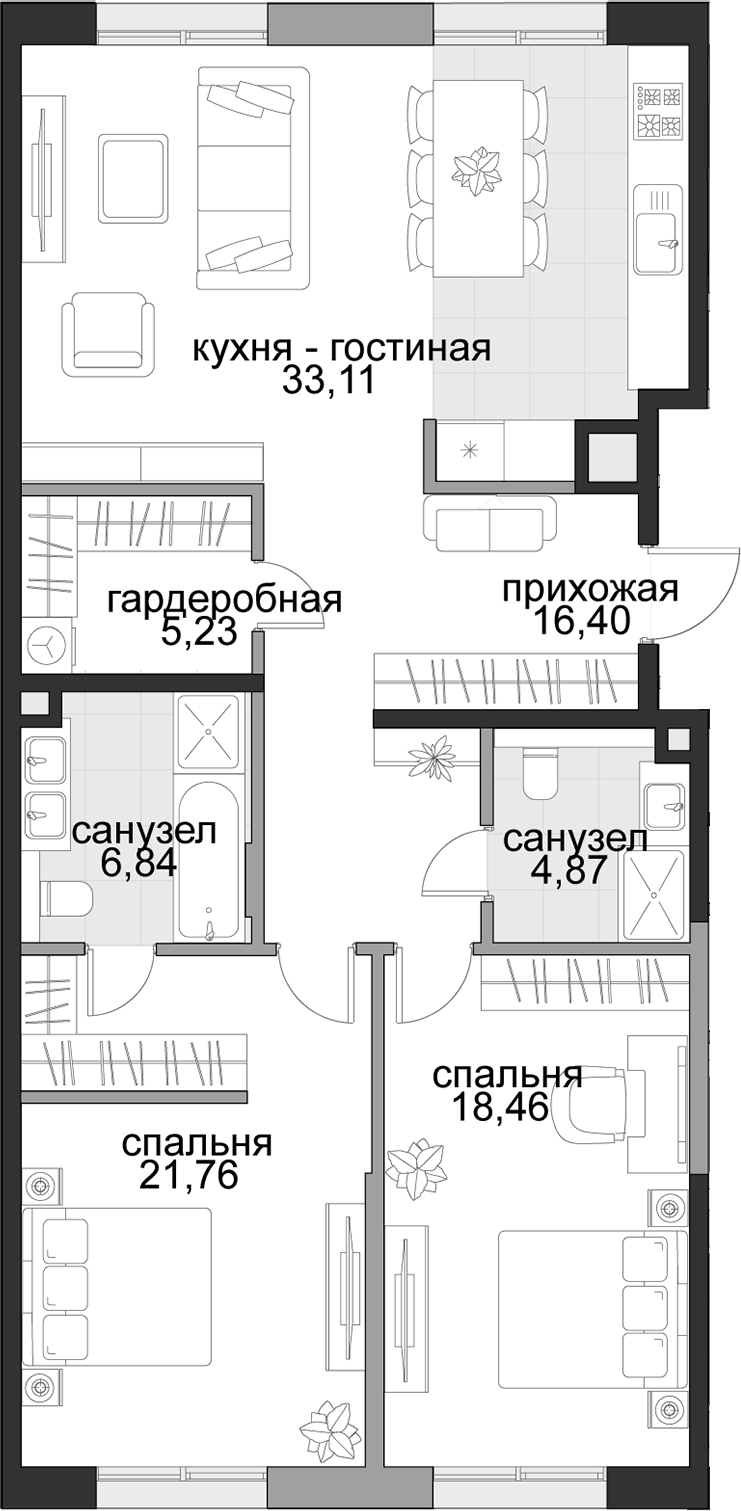 Планировка евротрёшка (3Е) 106.67 м² в ЖК «Садовническая, 69», корпус 2