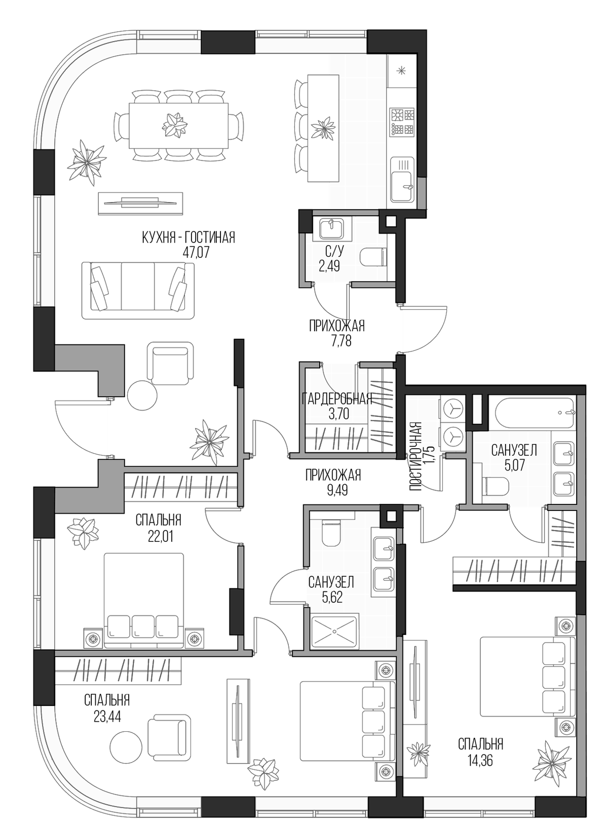 Планировка евро-4 (4Е) 142.78 м² в ЖК «Садовническая, 69», корпус 3