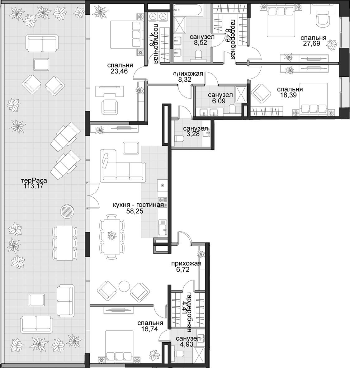 Планировка 5Е-к.кв 225.51 м² в ЖК «Садовническая, 69», корпус 1