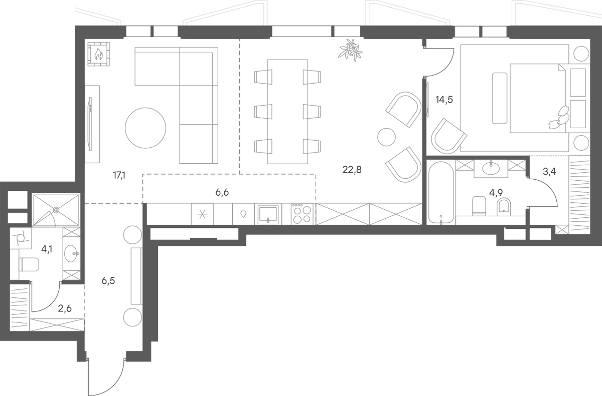 Планировка евродвушка (2Е) 82.5 м² в ЖК «Саввинская 17», корпус 1