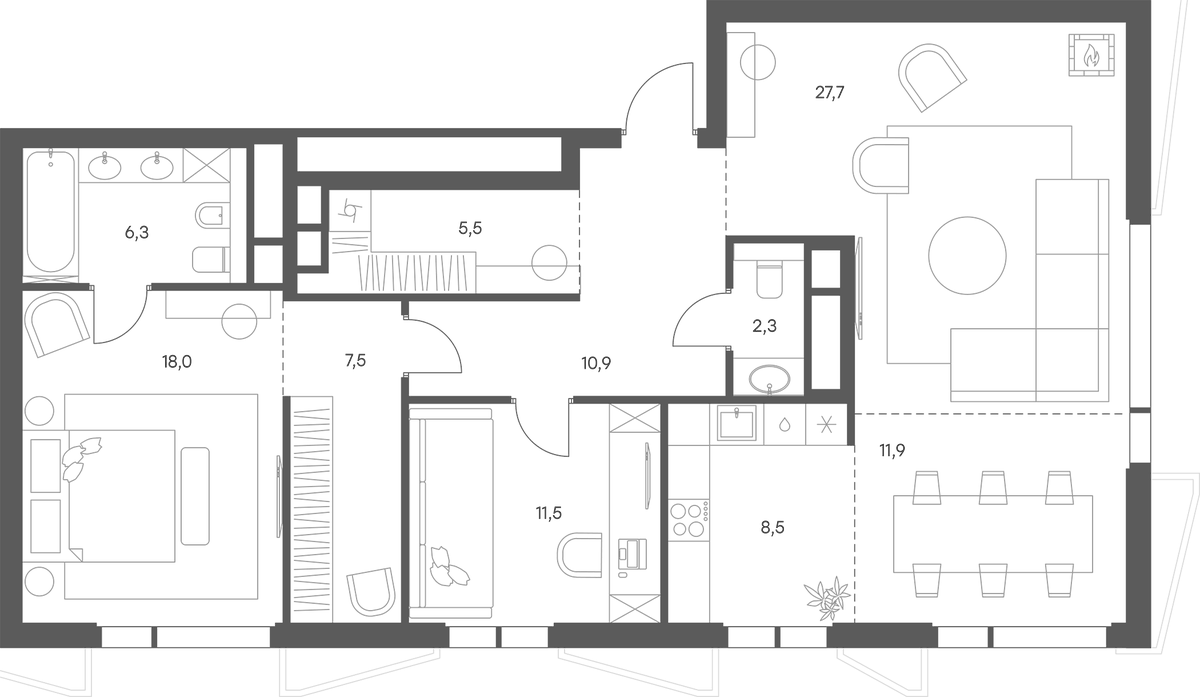 Планировка евротрёшка (3Е) 110.1 м² в ЖК «Саввинская 17», корпус 1