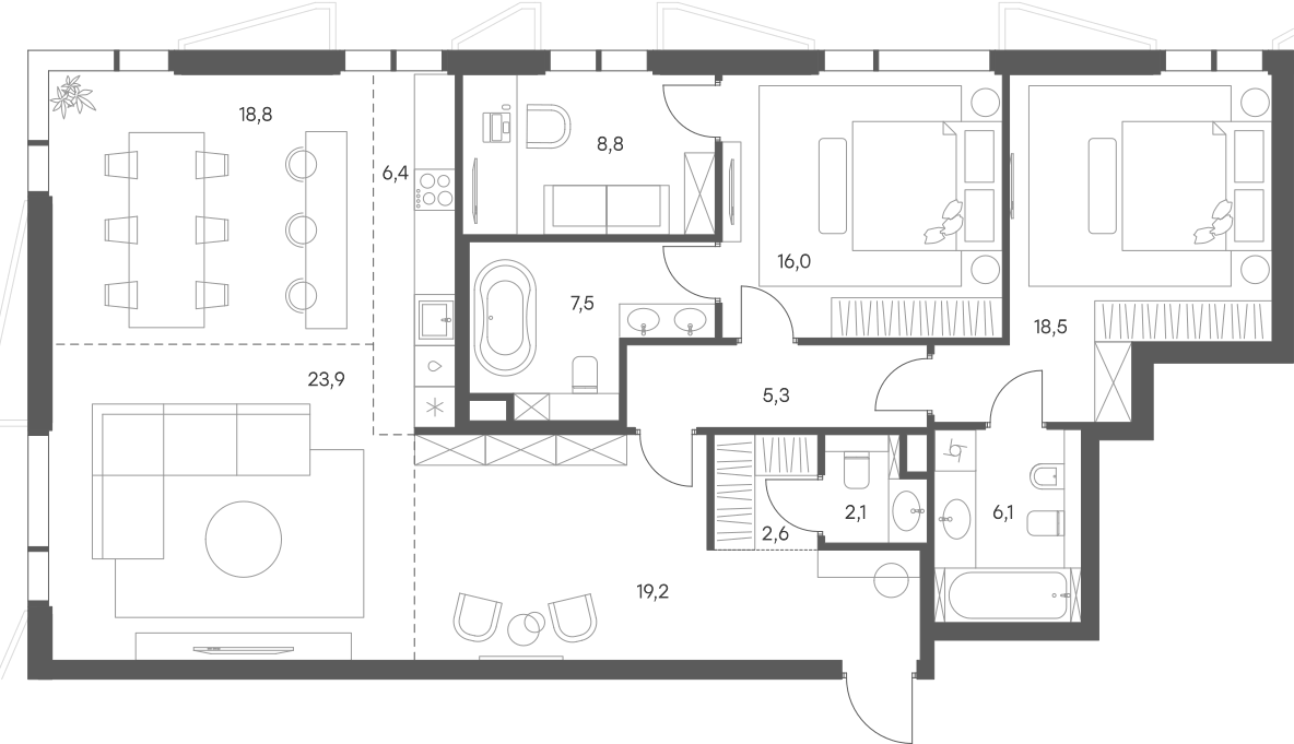 Планировка евро-4 (4Е) 135.2 м² в ЖК «Саввинская 17», корпус 1