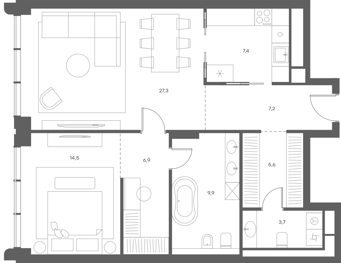 Планировка евродвушка (2Е) 81.5 м² в ЖК «Саввинская 27», корпус 1