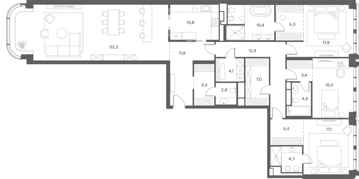 Планировка евро-4 (4Е) 187.5 м² в ЖК «Саввинская 27», корпус 1