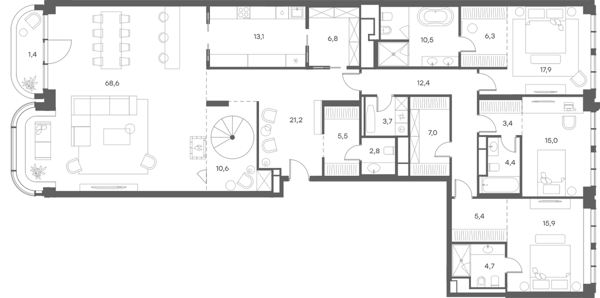 Планировка евро-4 (4Е) 275.6 м² в ЖК «Саввинская 27», корпус 1