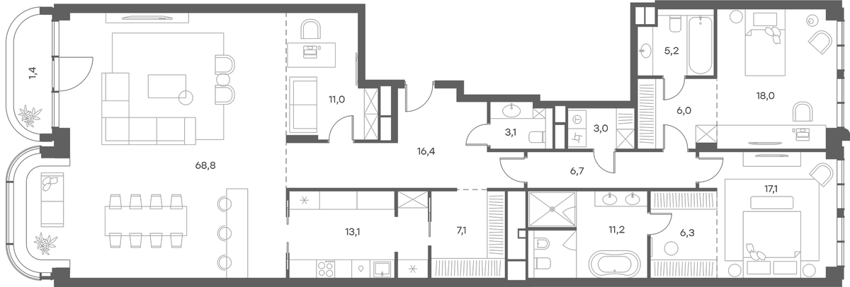 Планировка четырёхкомнатная 192.2 м² в ЖК «Саввинская 27», корпус 1