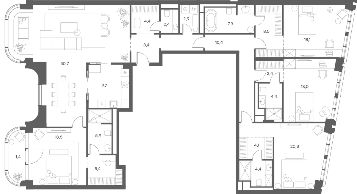 Планировка 5Е-к.кв 206.4 м² в ЖК «Саввинская 27», корпус 1