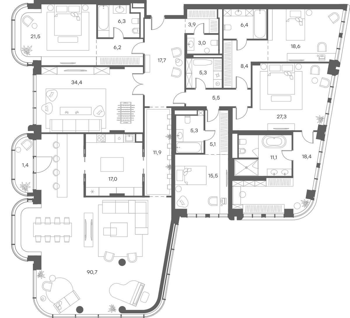 Планировка пятикомнатная 338.6 м² в ЖК «Саввинская 27», корпус 1