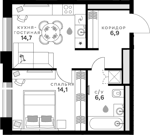 Планировка однокомнатная 42.3 м² в ЖК «СберСити», корпус B17.4 Оптимум