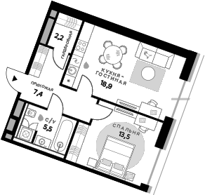 Планировка однокомнатная 47.5 м² в ЖК «СберСити», корпус B14.3 Оптимум