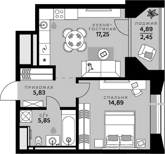Планировка евродвушка (2Е) 46.27 м² в ЖК «СберСити», корпус В16.1 Балансд