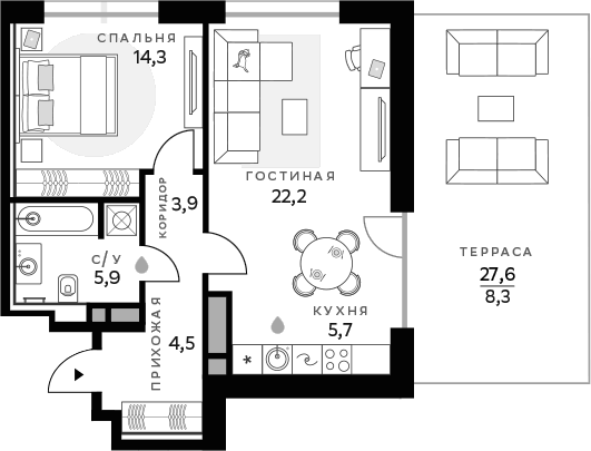 Планировка евродвушка (2Е) 64.8 м² в ЖК «СберСити», корпус B14.2 Балансд