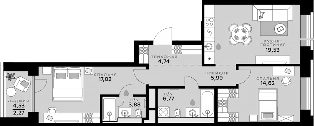 Планировка евротрёшка (3Е) 74.82 м² в ЖК «СберСити», корпус В16.3 Балансд