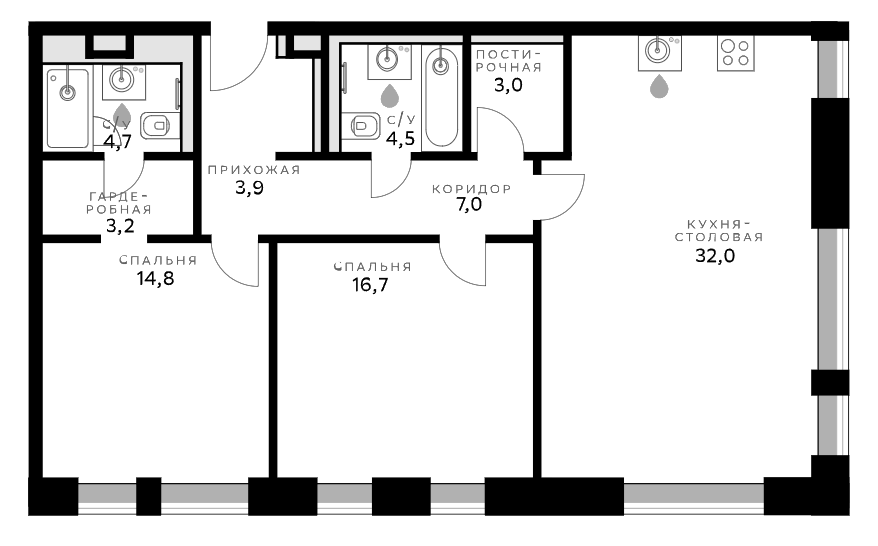 Планировка евротрёшка (3Е) 89.8 м² в ЖК «СберСити», корпус B14.4 Оптимум