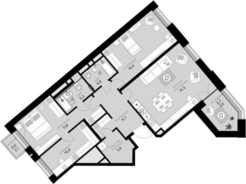 Планировка трёхкомнатная 109.8 м² в ЖК «СберСити», корпус B17.2 Балансд