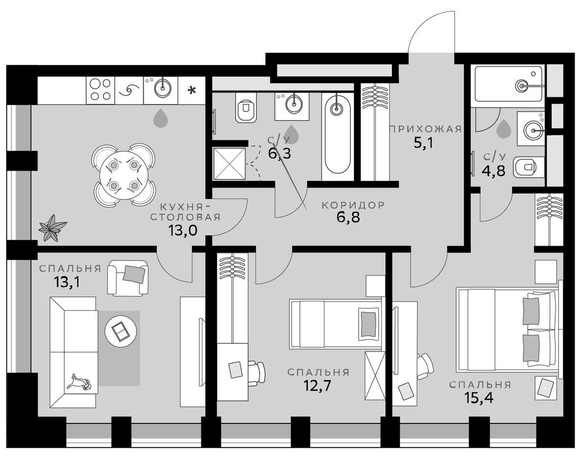Планировка евро-4 (4Е) 77.2 м² в ЖК «СберСити», корпус B14.4 Оптимум