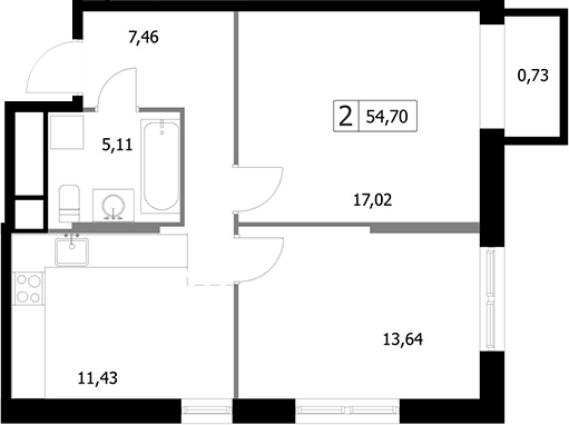 Планировка двухкомнатная 54.7 м² в ЖК «Парковый квартал СЕЛФ», корпус 2