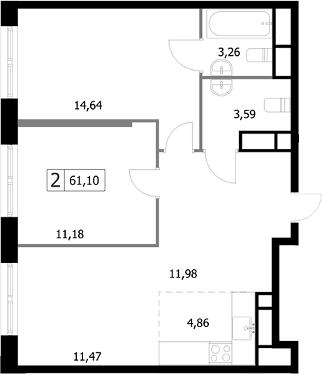 Планировка евротрёшка (3Е) 61.1 м² в ЖК «Парковый квартал СЕЛФ», корпус 2