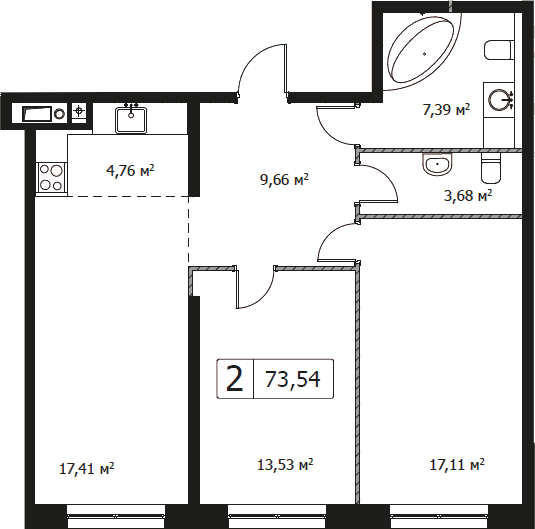 Планировка евротрёшка (3Е) 73.54 м² в ЖК «Парковый квартал СЕЛФ», корпус 2