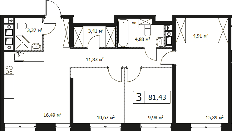 Планировка трёхкомнатная 81.43 м² в ЖК «Парковый квартал СЕЛФ», корпус 2