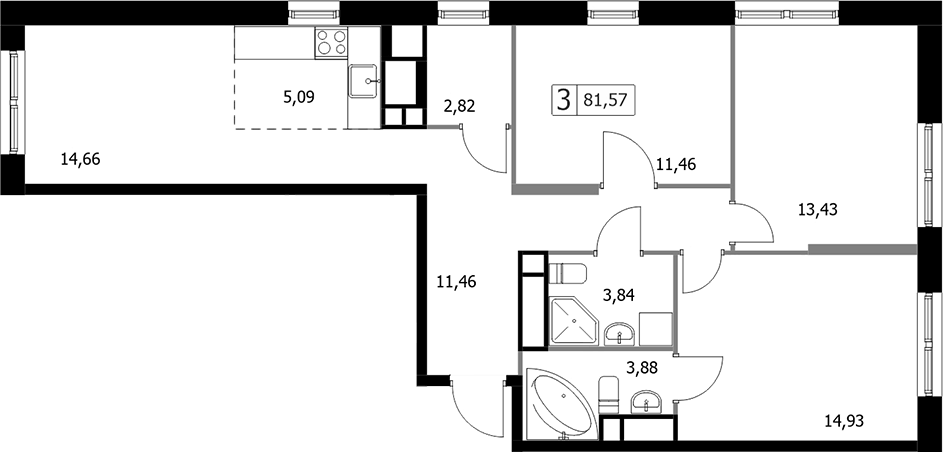 Планировка евро-4 (4Е) 81.57 м² в ЖК «Парковый квартал СЕЛФ», корпус 2