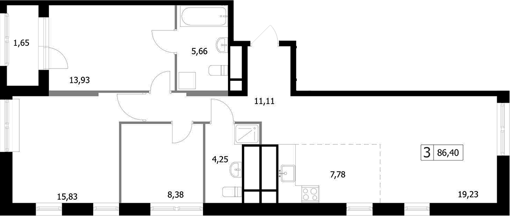 Планировка евро-4 (4Е) 86.4 м² в ЖК «Парковый квартал СЕЛФ», корпус 2