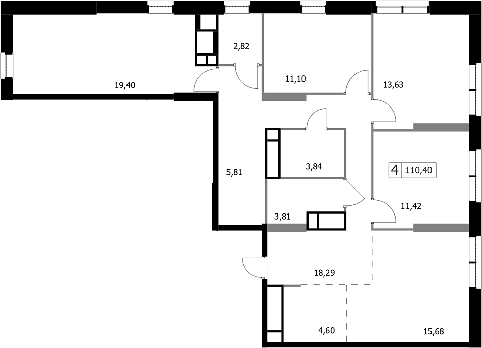 Планировка 5Е-к.кв 110.4 м² в ЖК «Парковый квартал СЕЛФ», корпус 2