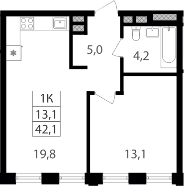 Планировка однокомнатная 42.1 м² в ЖК «Семеновский парк 2», корпус 1