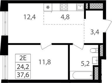 Планировка евродвушка (2Е) 37.6 м² в ЖК «Семеновский парк 2», корпус 1