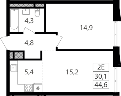 Планировка евродвушка (2Е) 44.6 м² в ЖК «Семеновский парк 2», корпус 1