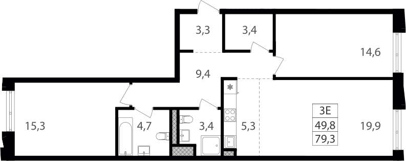 Планировка евротрёшка (3Е) 79.3 м² в ЖК «Семеновский парк 2», корпус 1