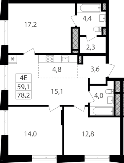 Планировка евро-4 (4Е) 78.2 м² в ЖК «Семеновский парк 2», корпус 1