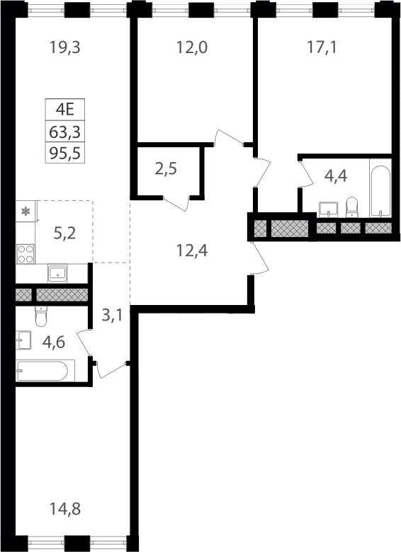 Планировка евро-4 (4Е) 95.4 м² в ЖК «Семеновский парк 2», корпус 1