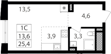 Планировка Студии 25.4 м² в ЖК «Семеновский парк 2», корпус 1
