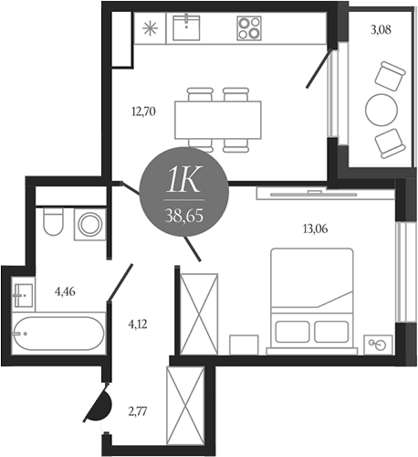 Планировка однокомнатная 38.65 м² в ЖК «Сердце Лыткарино», корпус 1