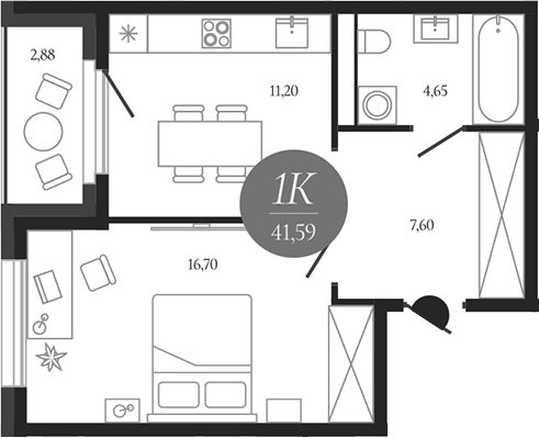 Планировка однокомнатная 41.59 м² в ЖК «Сердце Лыткарино», корпус 1